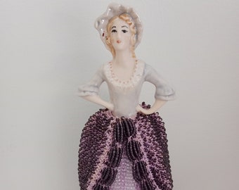 Vintage Half Doll in Long Beaded Skirt - Vintage Beaded Doll - Handmade Two Tiered Beaded Skirt