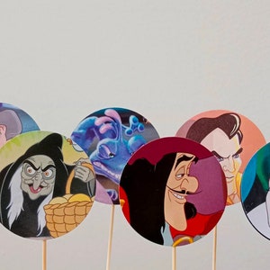 12 Villains cupcake toppers, Up-cycled book, Villains Cupcake Toppers, Villains Party, Princess cupcake Toppers