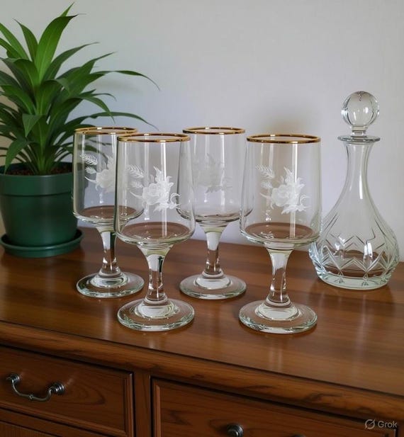 Vintage Sherry Gläser Set: Geätzte Blumen Barware, 4er Set