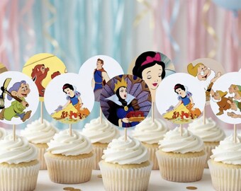 Snow White cupcake toppers, Up-cycled book, Princess Cupcake Toppers, Princess Party, Snow White and the seven dwarfs cake topper
