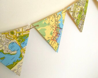 Vintage Map Garland, Paper Bunting, Road Map Banner, Map Bunting, Map Garland, Party Decor, Party Bunting, Bon Voyage Garland,Travel Bunting