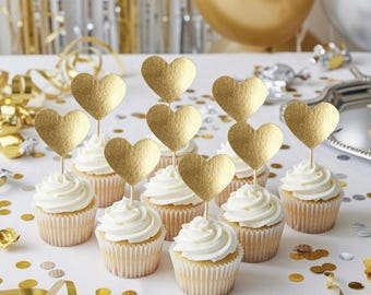 Gouden hart cupcake topper, cupcake topper, hart cupcake topper, feestdecoraties, muzikaal feest, verjaardagsfeestje, bruiloft decor, verloving