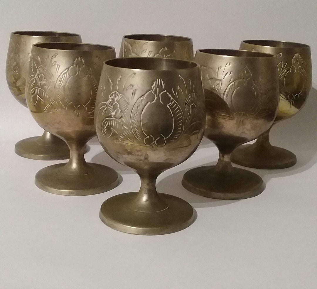 Six Small Brass Goblets, Brass Shot Size Goblets, Vintage Goblets