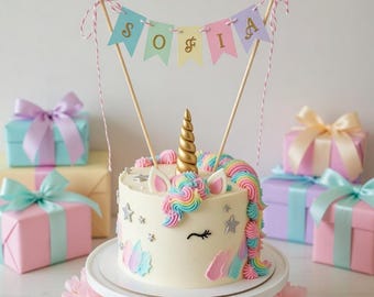 Personalised Cake Bunting/Cake Topper/Cake Banner/Unicorn Topper/Rainbow Topper/Circus Themed Topper/ Childs Birthday/Bright Cake Topper,