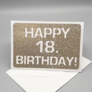Geburtstagskarte Geburtstagsgeschenk HAPPY 18. BIRTHDAY Postkarte Geschenk Grußkarte in Gold GLITTER