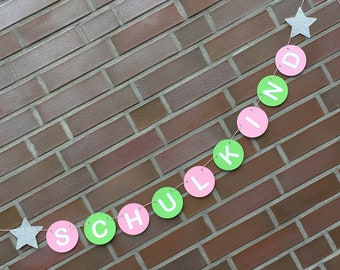 School enrollment garland SCHOOL CHILD with stars in silver GLITTER decoration for boys and girls