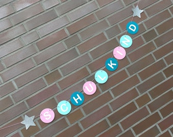 Decoration school enrollment garland SCHOOL CHILD with stars in silver GLITTER for boys and girls