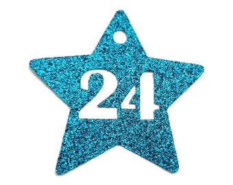 24 ADVENTSKALENDERZAHLEN in TÜRKIS GLITTER Sterne
