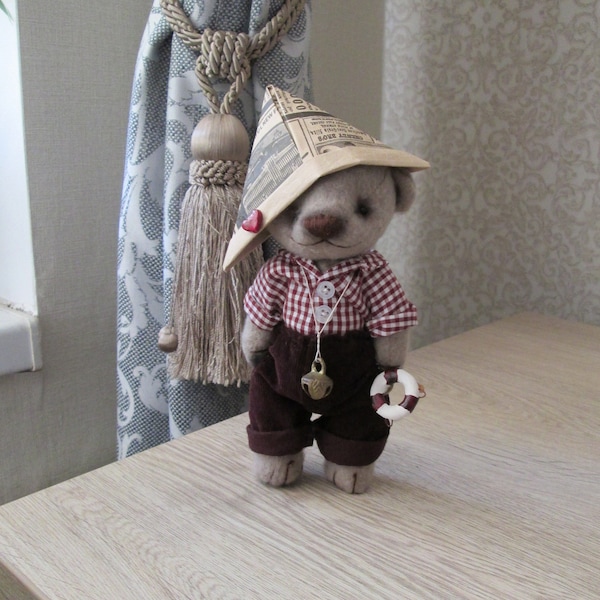 vintage handmade teddy in clothes old teddy bear teddy sailor in a paper hat inexpensive gift for her exclusive gift author's gift
