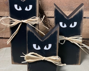 Farmhouse Halloween Black Cat Set: Rustic Wooden Decor