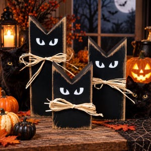Handmade Wooden Black Cat Set, Rustic Halloween Decor, Farmhouse Halloween Cats