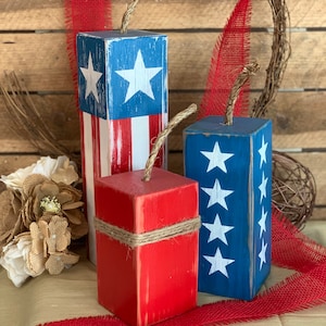 Wooden block Decor, Wood Fireworks, Patriotic Block Set, Shelf Sitter, Gift for Friends, Fourth of July Decor