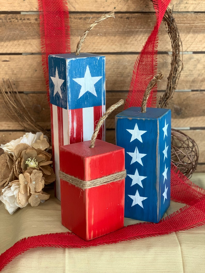 Wooden Block Decor Wood Fireworks Patriotic Block Set Shelf Etsy