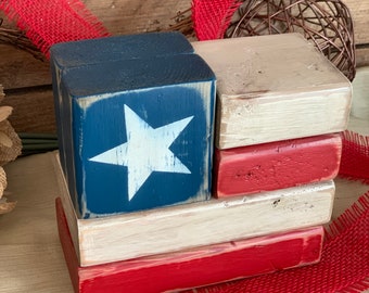Wooden block Decor, Patriotic Block Set, Shelf Sitter, Gift for Friends, Little Wood American Flag, Fourth of July Decor