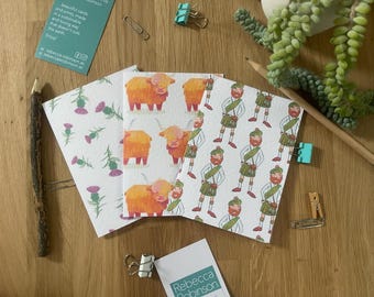 Scottish Notebook Set: Highland Cow, Scottie Man & Thistle, Handmade Recycled Paper