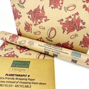Welsh Dragon Rugby Wrap eco wrapping paper - 100% recycled 90gsm quality kraft paper. 1m sheet (50cm x 100cm) - folded to A4 - plastic free