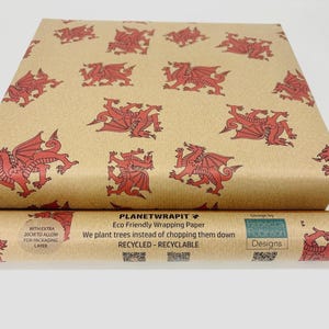 Carta da regalo ecologica Welsh dragon - carta kraft di qualità riciclata al 100% da 90 g/m². Foglio da 1 m (50 cm x 100 cm) - piegato in formato A4 - senza plastica - zero sprechi