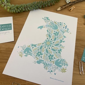 Floral Wales Map Print: Aqua Foliage, Eco-Friendly Art