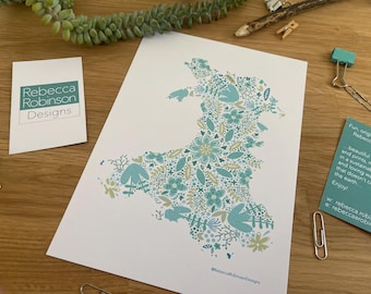 Floral Wales Map Print: Aqua Foliage, Eco-Friendly Art