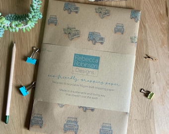 Vintage Landrover Geschenkpapier: Recyceltes Kraftpapier, Landschaftsdesign