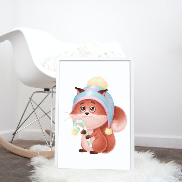 Cute Squirrel in a Hat with Candy Children's Holiday, downloadable nursery wall art, Cute Christmas wall prints | Instant Download