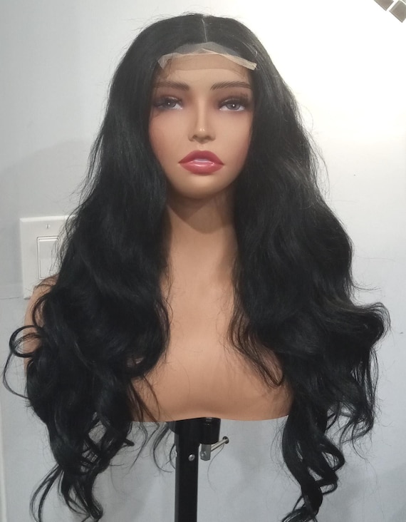 Long Wavy Lace Front Wig: Black Human Hair Blend - Etsy Israel