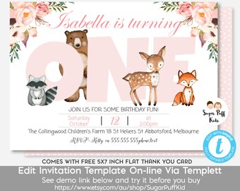 Woodland First Birthday Invitation, Watercolor Woodland Invitation, Girls Woodand 1st Birthday Invitation, Woodland Invitation, Templett