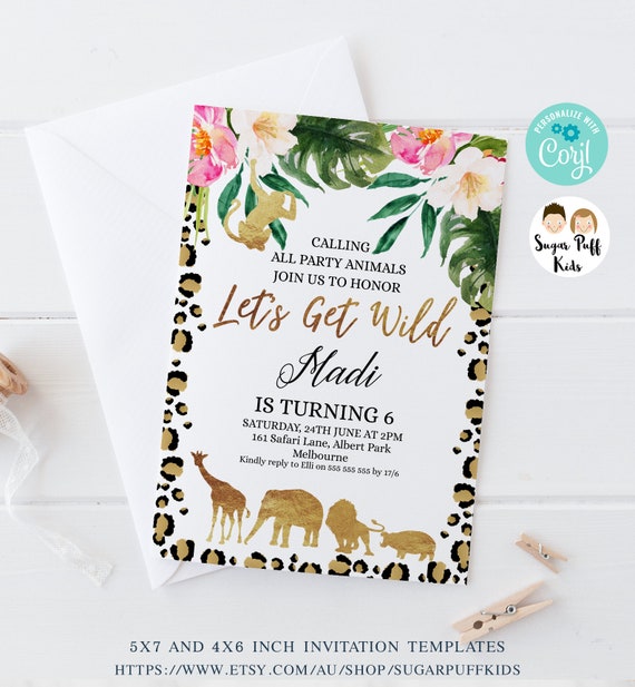 Editable Safari Let's Get Wild Invitation, Printable Let's Get Wild Cheetah Print Invite, Instant Jungle Gold Animals Gold Calligraphy Wild Il_570xn