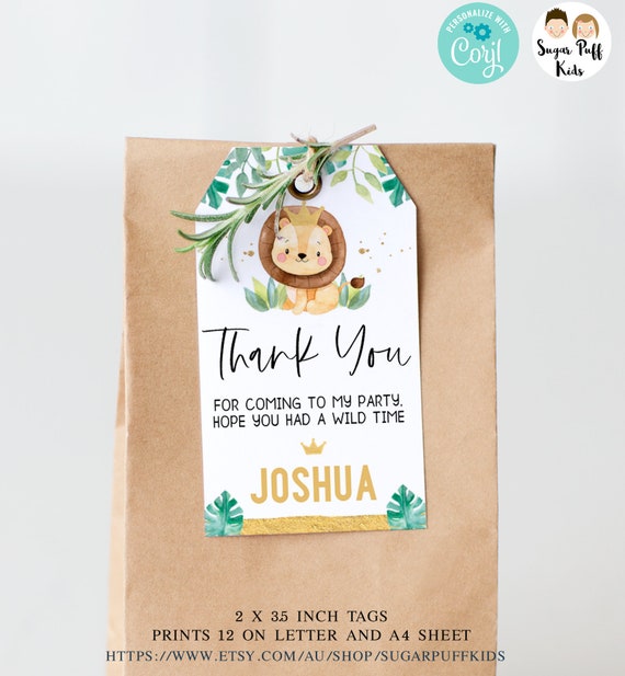 Printable Our Little King Lion Birthday Tag, Editable Lion Themed Birthday Tag, Instant Download Foliage Lion Crown First Birthday Tag, Il_570xn