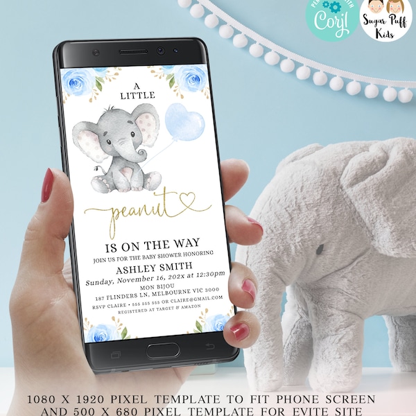 Editable a little peanut is on the way baby shower electronic  invite, Elephant themed baby shower evite, Blue floral elephant invitation