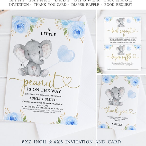 Editable Little Peanuts Elephant Baby Shower Invite, Printable Little Peanut Diaper Raffle Insert, Instant Elephant Blue Balloon Thank You