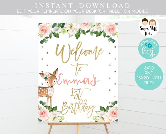 Printable foral deer welcome sign, Deer welcome sign, Oh deer birthday welcome sign, Deer Party Welcome sign, Deer Party Poster, Deer Il_570xn