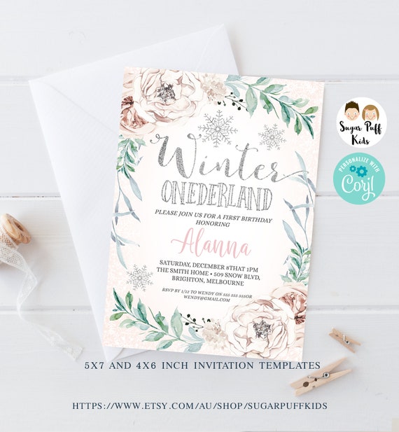 Editable Winter Onederland 1st Birthday Invitation, Winter Birthday Party, Girl Floral Faux Silver Glitter Winter, Printable Corjl Template Il_570xn