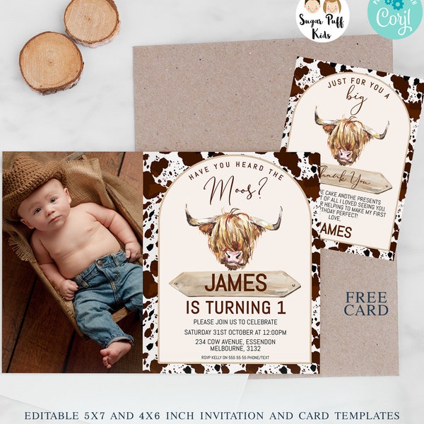 Printable Photo Brown Cow 1st  Birthday Invite, Cow Thank You Card, Editable Highland Cow Invitation, Instant Have You Heard The Moos Invite