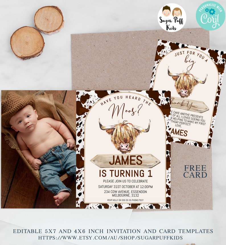 Printable Photo Brown Cow 1st Birthday Invite, Cow Thank You Card, Editable Highland Cow Invitation, Instant Have You Heard The Moos Invite image 1