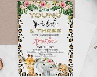 Editable Cheetah Print Young, Wild and Three Birthday Invitation, Printable Safari Animals Wild And Three 3rd Birthday Invite, Floral Jungle