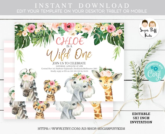 Wild One Safari Birthday Invitation, Editable Safari Wild One Invitation, Girls instant safari birthday invitation, Safari animals invite S3 Il_570xn