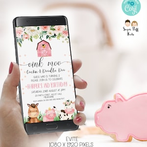 Editable Electronic Pink Farm Invite, Farmyard, Barnyard Birthday Text Invite, Instant Download Phone Farm Animals Birthday Invitation,