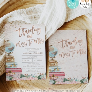 Boho floral editável viajando da senhorita para a senhora, convite para chá de panela, download instantâneo, mapa, malas, convite para chá de panela do globo mundial,