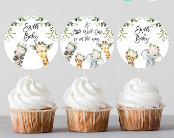 Editable pink floral safari animals baby shower cupcake toppers, Instant girl's safari cupcake toppers, Printable jungle cupcake toppers