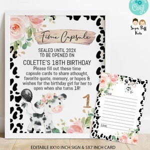 Sinal de cápsula de tempo de primeiro aniversário de vaca floral rosa para impressão, cartão de cápsula de tempo, download instantâneo editável para meninas, vaca sagrada, impressão de cápsula de tempo