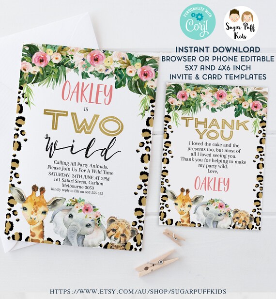 Editable Cheetah Print Safari Two Wild Invitation, Instant download Girls Cheetah Print Thank You Card, Floral Safari 2 Wild Birthday Invite Il_570xn