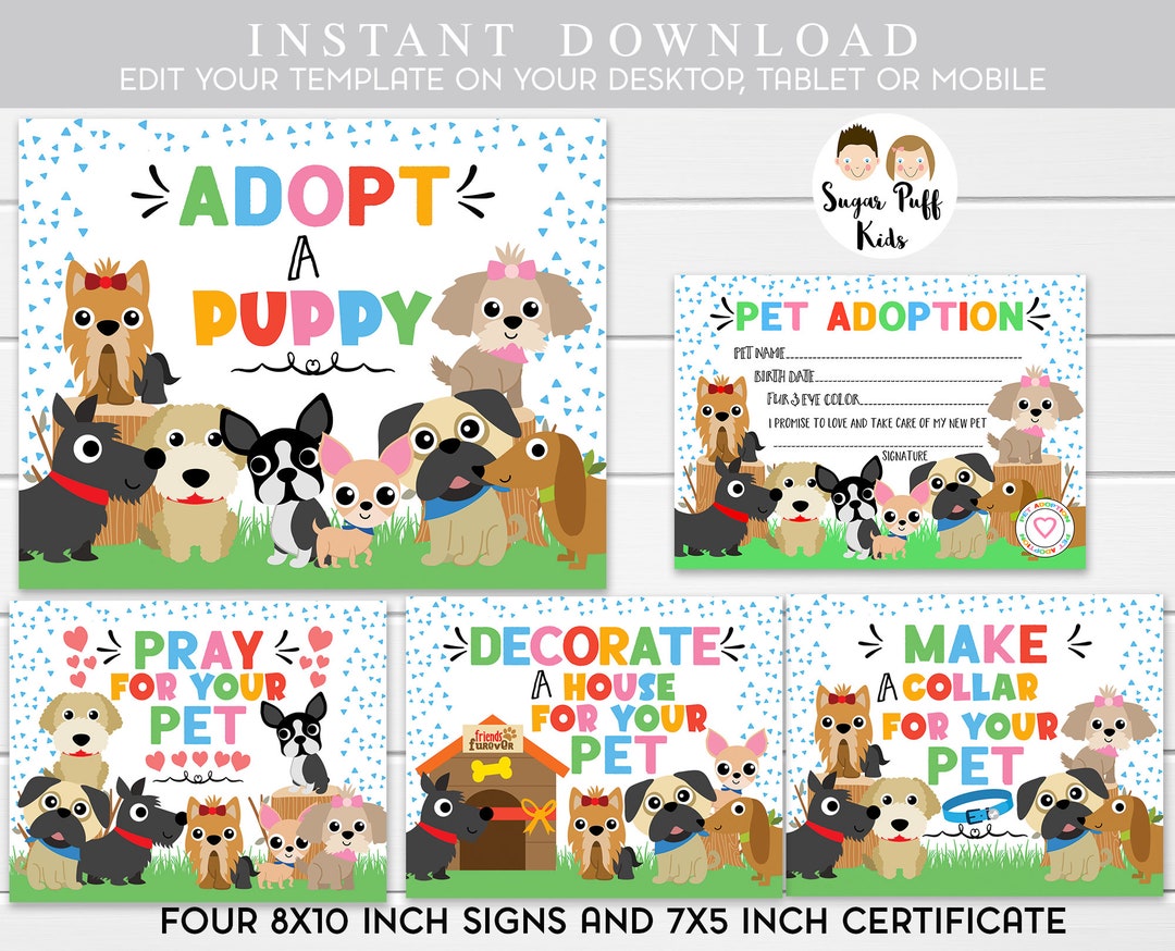 Instant Download Adopt a Puppy Sign and Certificate and Station Package ...