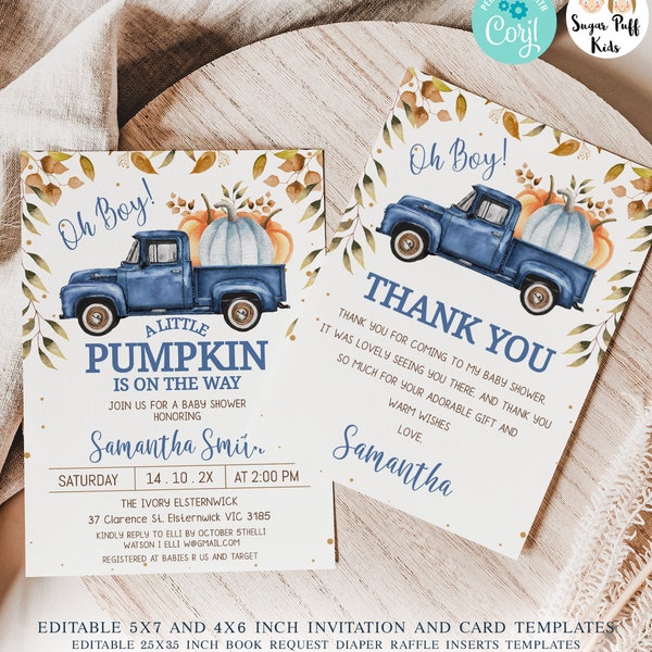 Printable Blue Pumpkin Truck Baby Baby Shower Invite, Editable Little Pumpkin Baby Shower Invitation, Instant Download Boys Fall Pumpkin