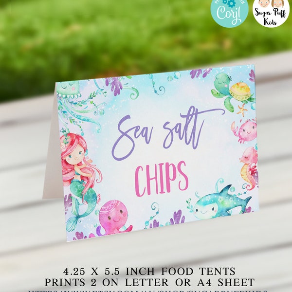 Printable Mermaid food tent, Under the sea food tent, Instant download Sea creatures birthday party food tent, Editable  Mermaid Party Decor