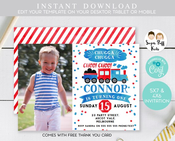 Train Photo birthday invitation, Printable train birthday invitation ...
