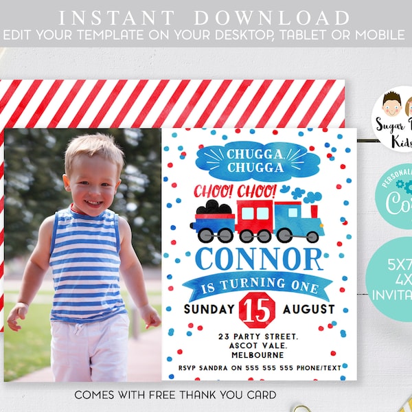 Train Photo birthday invitation, Printable train birthday invitation, Editable train birthday invitation, Train Birthday Invitation, Corjl