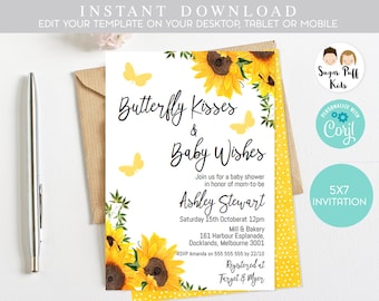 Butterfly Kisses Invitations, Sunflower themed baby shower invitations,  Printable sunflower baby shower invitations, Sunflower invitations