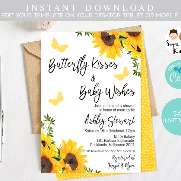 Butterfly Kisses Invitations, Sunflower themed baby shower invitations,  Printable sunflower baby shower invitations, Sunflower invitations