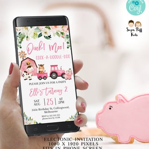 Editable Evite Pink Farm Invite, Farmyard, Barnyard Birthday Text Invitation, Instant Download Phone Electronic Farm Birthday Invitation